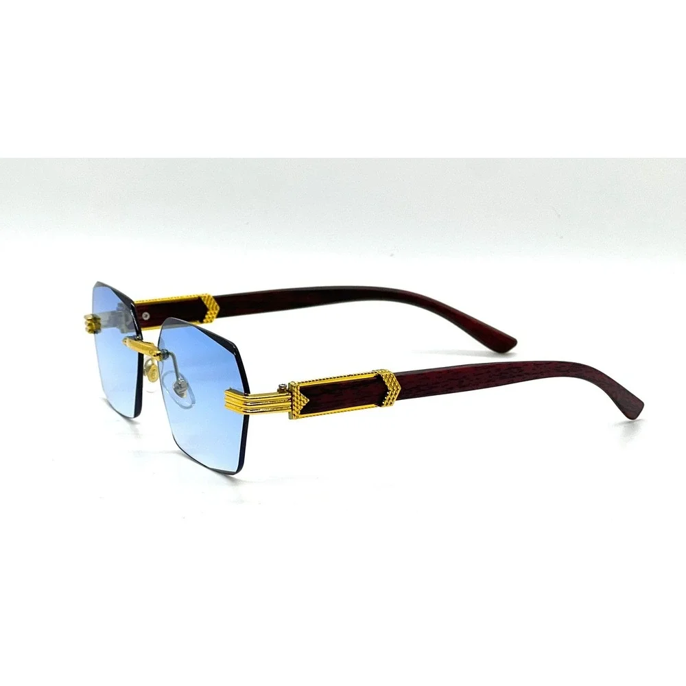 Rimless Sunglasses Men Designer Luxury Gold Frame Blue Lens Fashion Shades Gafas